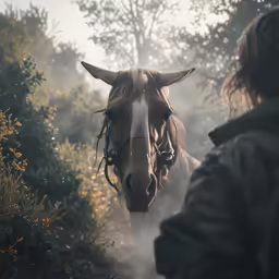 a brown horse standing in front of a woman with her mouth open