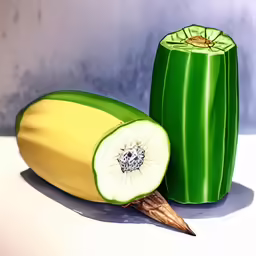a banana with a slice cut in half on the side next to it