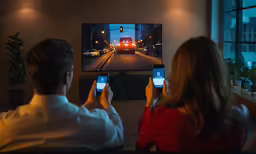 a couple take a picture of a cityscape at night with their cellphones
