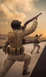 two people on an airfield with their weapons raised up