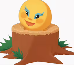 a cute duckling sits on top of a wooden stump,a cartoon bird with blue eyes sitting on top of a tree stump