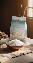 a bag of rice on a table next to a bowl of rice