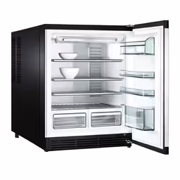 an open fridge with the doors open and white background