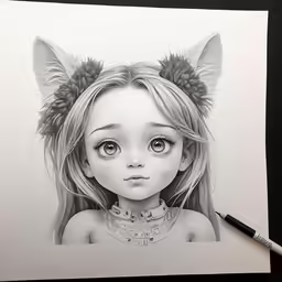 the head of a girl with cat ears on her head and a drawing of a young girl