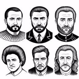 a set of four bearded men in the style of the sixties,some old black and white portrait of men,the three main character from the show,three heads and two beards with an expression on them,a collection of portraits of people with beards