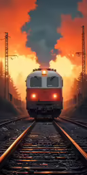 a train traveling down a track at sunset