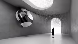 a girl stands in a room with an airy ceiling