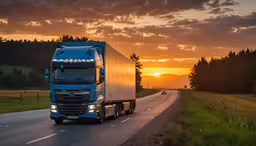 a large semi truck on a highway,the sun is setting behind a truck traveling down the highway
