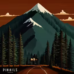 a mountain scene with trees and mountains in the background