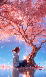 a woman sitting on the ground under a tree