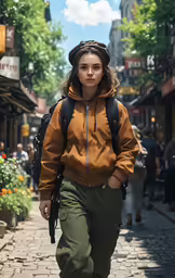 a woman is walking down a street, with backpacks on her shoulders