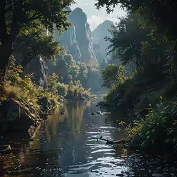 a river in the middle of forest with rocks and vegetation