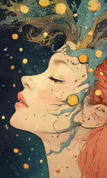 a painting of a woman with gold coins surrounding her head