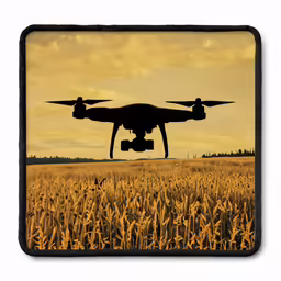 a large unmanned flying over the cornfield