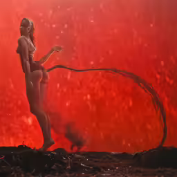 a women with a snake in her hand and a red sky