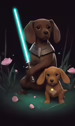 a dog with a lightsabe and a puppy sit together