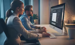a man and woman sitting at a desk using a computer