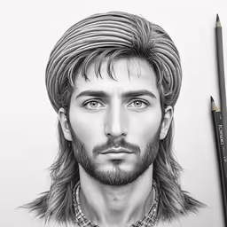 a pencil drawing of a man with long hair and a beard