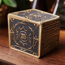 the black and gold patterned box is on top of the wooden table