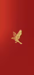 a red bird flies over the water on the surface,a red and gold bird flying across the sky