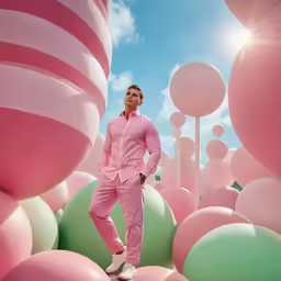 a man posing in a pink suit surrounded by large balloons