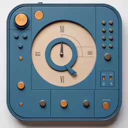 a clock with blue dials and brown numbers