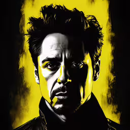 a very detailed, one eyed, one - face portrait of the actor robert depper,black and yellow portrait of the actor john wick
