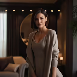 a woman with black hair standing in a living room with furniture and decor
