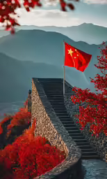 a red flag is flying high over a stone wall