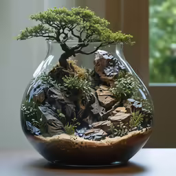 a bonsai tree inside a vase on top of a table