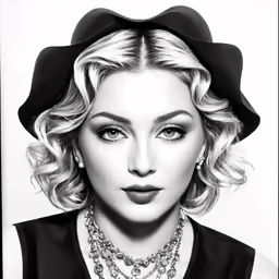 a woman with blonde hair and black clothes wearing pearls and pearls