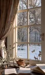 view from the window, looking out on snowy trees