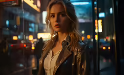 a beautiful young blond woman wearing a leather jacket