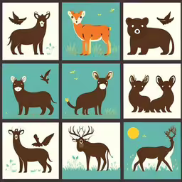 multiple images of deer in the grass,many pictures of animals with birds and birds around them,an image of an animals set,an image of a set of animals in different styles,an image of various types of animals in different pictures