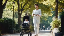 a woman walking a stroller with her baby