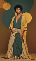 a woman in green and gold is standing in a pose