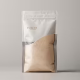 a brown paper bag with two sides and a white top is placed on top of a beige plastic bag and the bottom is slightly overfilled up