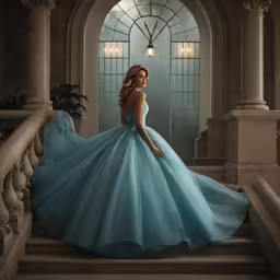 a woman in a blue dress on the stairs