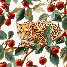the leopard is sitting on a branch of an apple tree