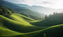 some grass bushes hills and trees on a sunny day