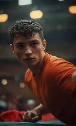 a young man in a t - shirt is staring to the left