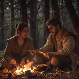 two people sitting next to each other cooking on a grill