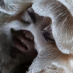 a woman in white with her eyes closed is dressed with feathers