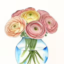 a painting of a bunch of flowers sitting in a vase,watercolor painting of pink flowers in a clear glass vase