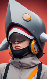 a woman wearing a futuristic helmet with ear phones