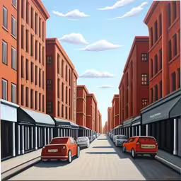 an image of cars parked in front of a red building