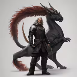 a digital artwork of a man in a costume standing beside a horse