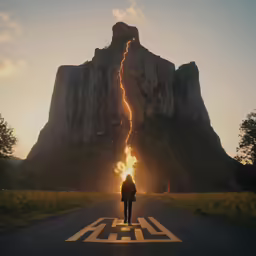 man walks along roadway in front of huge rock formation