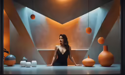a woman poses for a photo in front of large vases