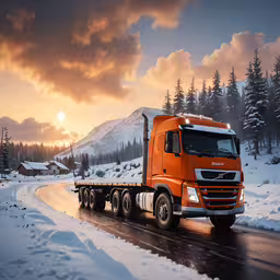 a truck on the highway at sunset with snow all around,an orange truck drives on snow covered roadway